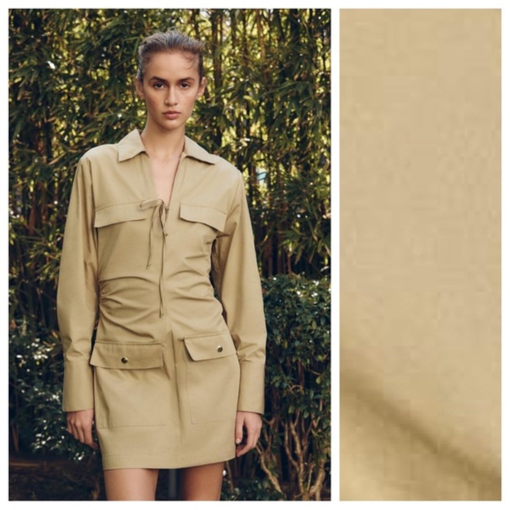 NWT ZARA Pocket BEIGE Long Sleeve Cotton Mini Dress - S